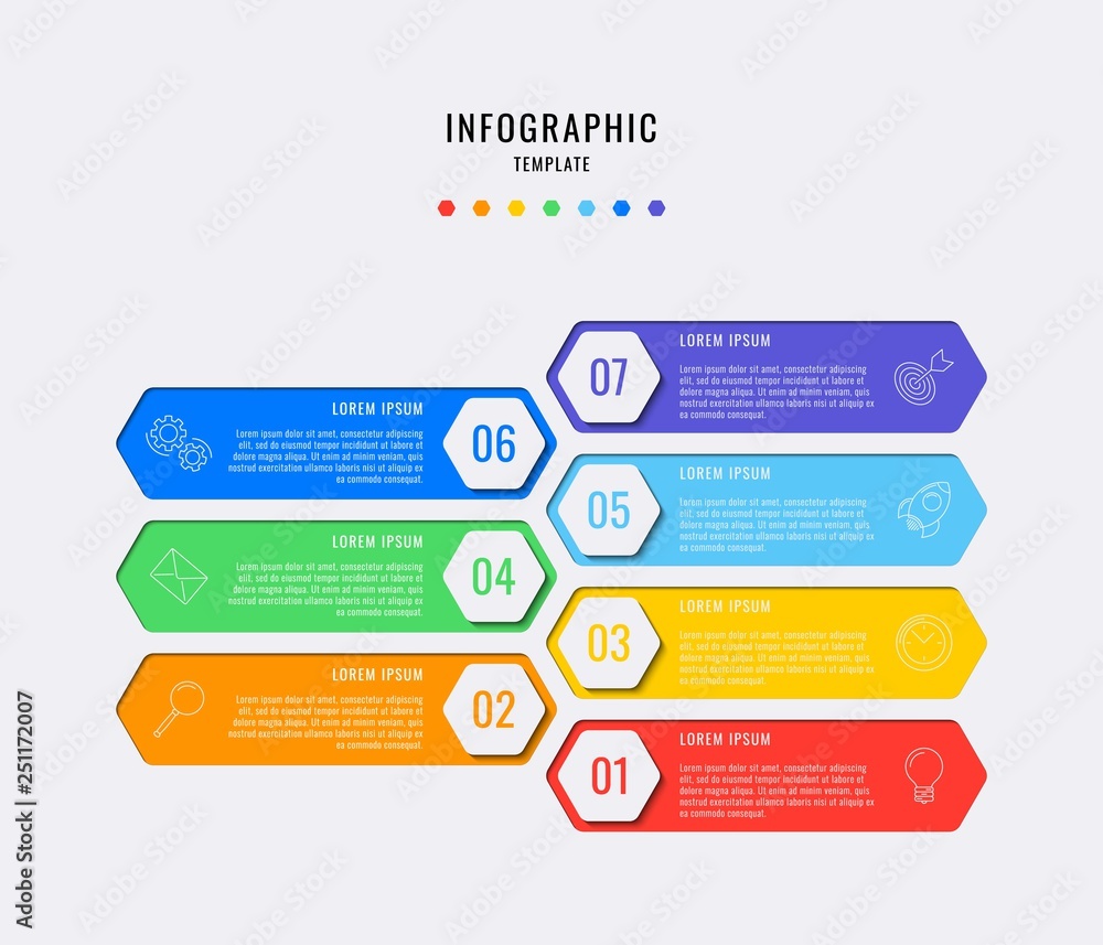 Aufkleber hexagonal infographic elements with seven steps, options, parts or processes with text boxes and mar