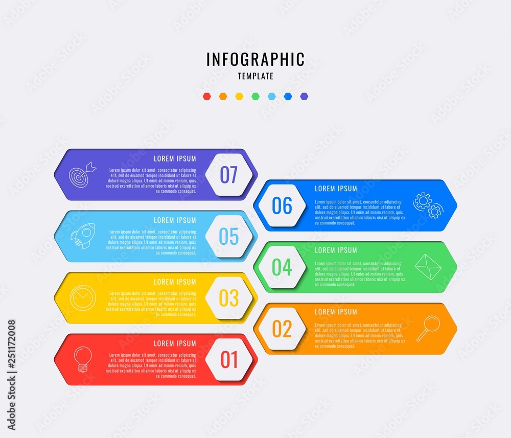 Aufkleber hexagonal infographic elements with seven steps, options, parts or processes with text boxes and mar