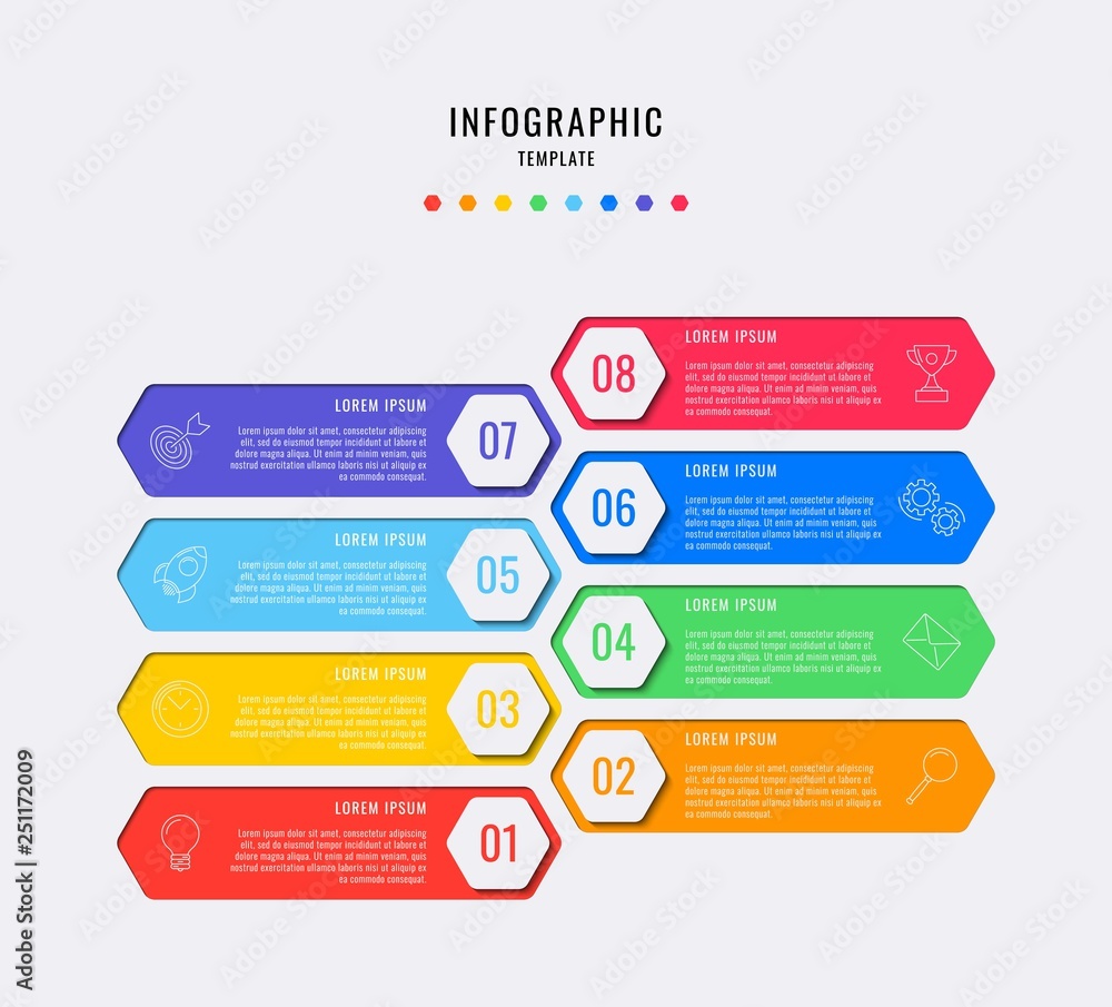 Aufkleber hexagonal infographic elements with eight steps, options, parts or processes with text boxes and mar