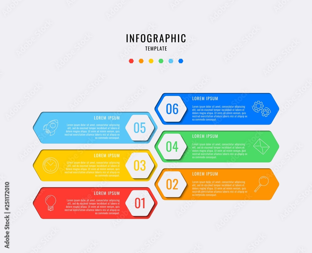 Aufkleber hexagonal infographic elements with six steps, options, parts or processes with text boxes and marke