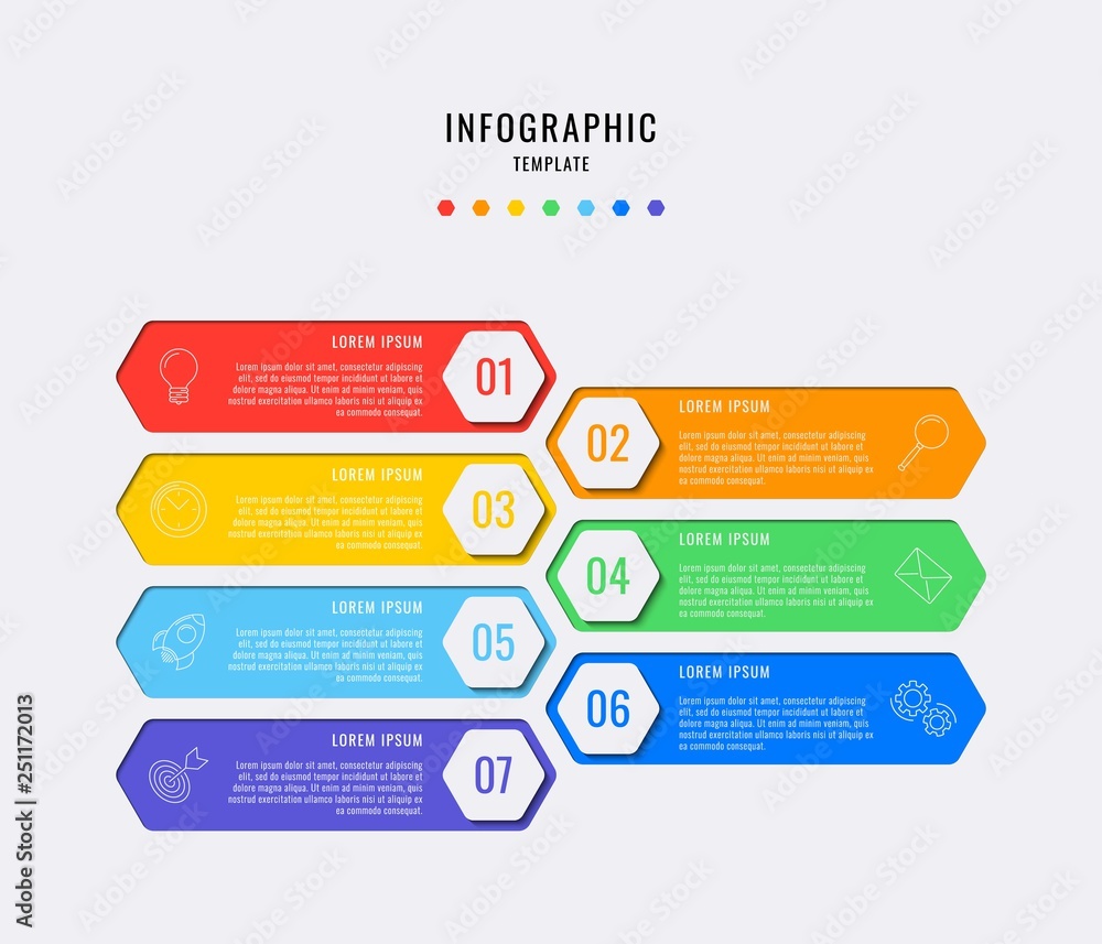 Aufkleber hexagonal infographic elements with seven steps, options, parts or processes with text boxes and mar