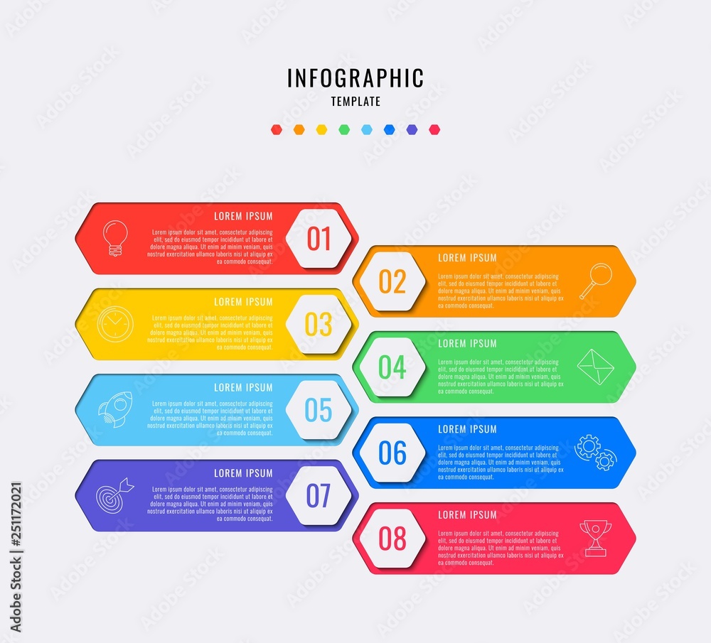 Aufkleber hexagonal infographic elements with eight steps, options, parts or processes with text boxes and mar