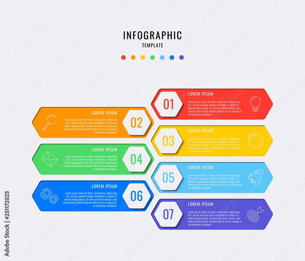 Aufkleber hexagonal infographic elements with seven steps, options, parts or processes with text boxes and mar