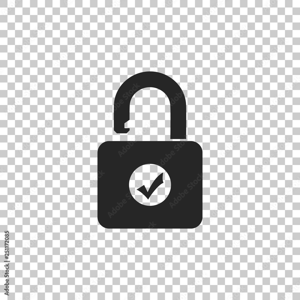 Poster open padlock and check mark icon isolated on transparent background. security check lock sign. flat 