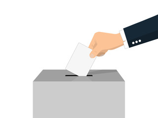 Voting concept. Hand putting white paper into the ballot box on white background
