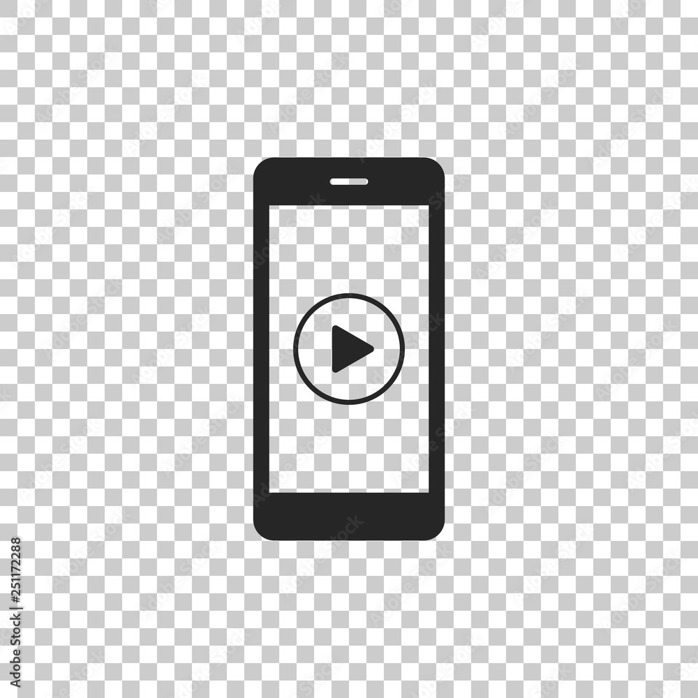 Poster smartphone with play button on the screen icon isolated on transparent background. flat design. vect