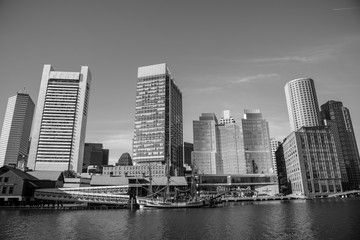 Boston financial district skyline from the Harborwalk
