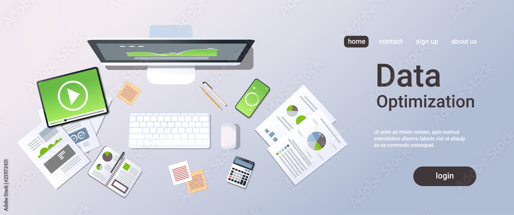 Poster business analytics data optimization concept top angle view desktop pc laptop smartphone tablet scre