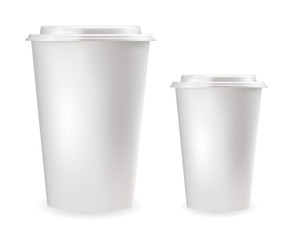 Realistic white plastic cups for cold and hot drinks.