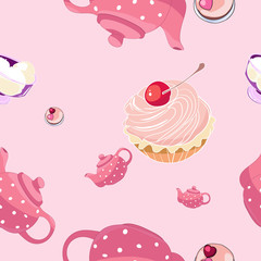 Illustration Colored Seamless Pattern with Kettle and Donuts