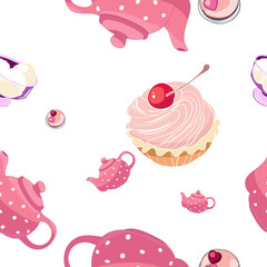 Illustration Colored Seamless Pattern with Kettle and Donuts