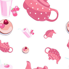 Illustration Colored Seamless Pattern with Kettle and Donuts