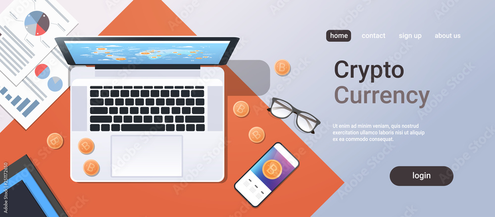 Poster crypto currency block chain concept bitcoin mining top angle view desktop laptop smartphone paper do