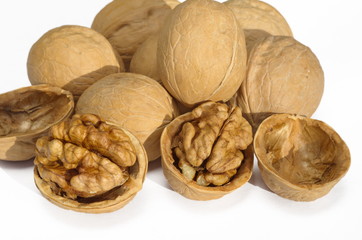 Walnuts on white background