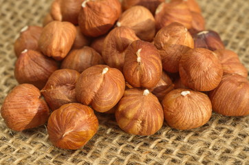 Hazelnut on burlap close-up
