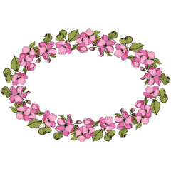 Vector Pink Apple blossom floral botanical flower. Engraved ink art. Frame border ornament square on white background.