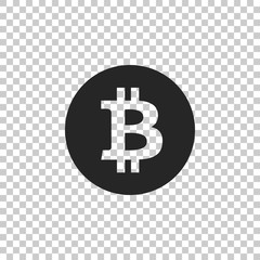 Cryptocurrency coin Bitcoin icon isolated on transparent background. Bitcoin for internet money. Physical bit coin. Digital currency. Blockchain based secure crypto currency. Vector Illustration