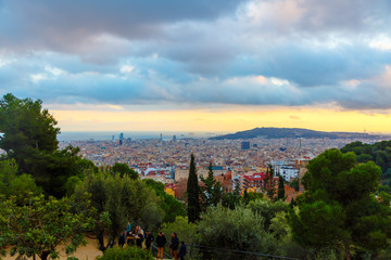 Top view of evening Barcelona