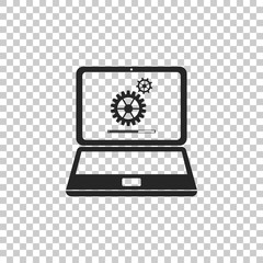 Laptop update process with gearbox progress and loading bar icon isolated on transparent background. System software update. Loading process in laptop screen. Flat design. Vector Illustration
