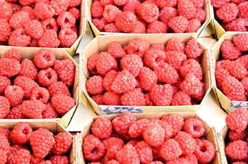 A lot of fresh Raspberry in the box for sell in morning market