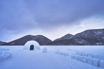 Beautiful scenic in Ice Igloo village at Shikaribetsu lake in Obhiro city, Japan.