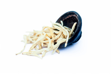 Close up of popular Indian & Asian ayurvedic herb isolated on white in a clay bowl i.e. Musli or safed musli or Chlorophytum borivilianum used as ayurvedic tonic to increase male potency.