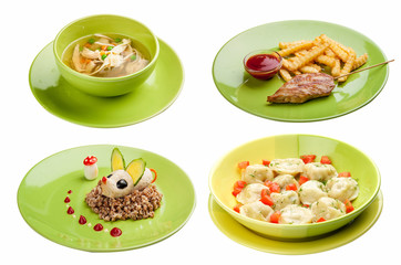 Set of different dishes of children's menu. On white background. Meals for children.