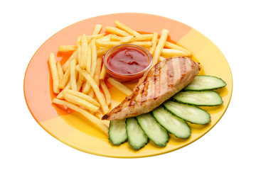 Grilled chicken fillet with French fries and sauce. Meals for children.