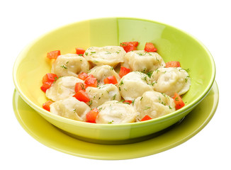 Dumplings with chicken on a bright plate. Meals for children.