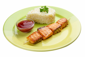 Kebab with salmon and rice. Meals for children.