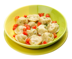 Dumplings with chicken on a bright plate. Meals for children.