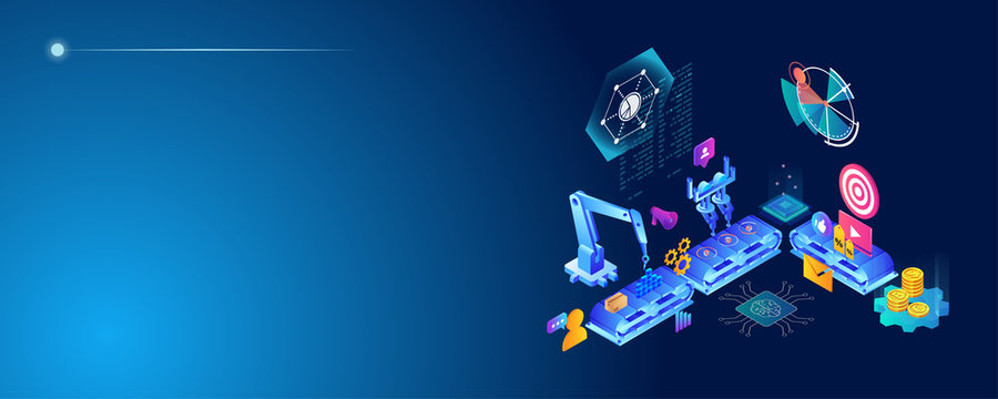 Automated marketing and SEO content isometric concept, vector illustration