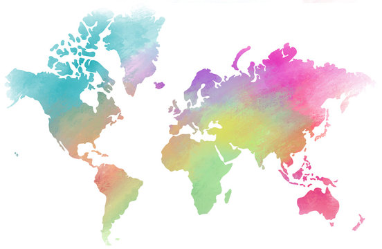 Colorful water color world map on canvas background. Digital painting.