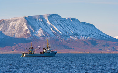 Fishing vessel (trawler) in the sea near the coast. Mountains are visible in the distance. Bering...