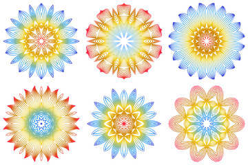 Set of 6 Ornamental Arabic Pattern With Mandala. Vintage Vector For Print Or Web Design. Invitation, Wedding Card, National Design. Rainbow color