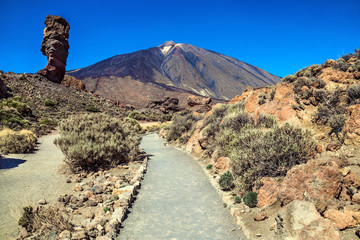 The landscape of Teide volcano and Roque Cinchado in Las Canadas National park on Tenerife. Canary...
