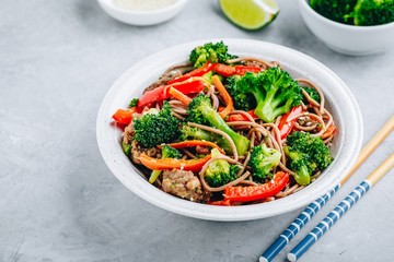 Beef Noodle Stir Fry with broccoli, carrots and red bell peppers