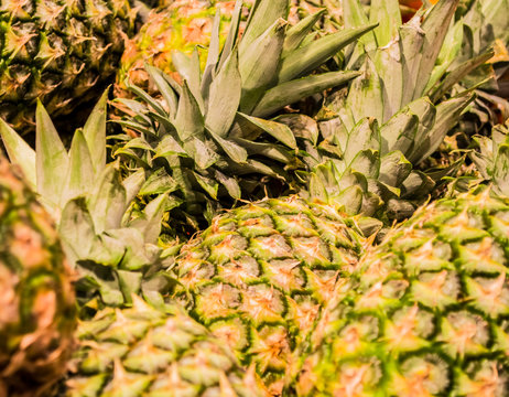 Background or texture. Tropical fruit pineapple. Summer and exotic. Vitamins and useful fruit. Food. Market.