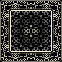 Design Print For Kerchief. The Pattern Of Geometric Ornament. Vector Illustration. The Idea For Design Prints For Neck Scarves, Carpets, Bandanas. Black silver color
