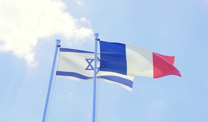 Israel and France, two flags waving against blue sky. 3d image