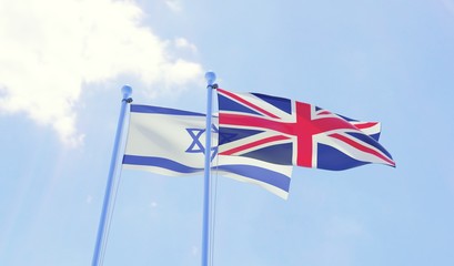 Israel and UK, two flags waving against blue sky. 3d image