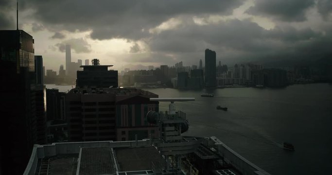 Drone precision aerial shot of Hong Kong Island modern skyscraper high-rises. Hong Kong is a center of finance business in China. Asia.