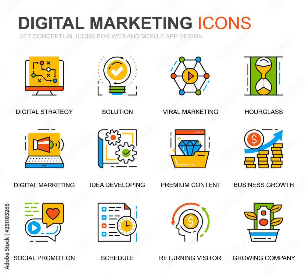 Aufkleber Simple Set Business and Marketing Line Icons for Website and Mobile Apps. Contains such Icons as Digital Strategy, Global Solution, Market. Conceptual color line icon. Vector pictogram pack.