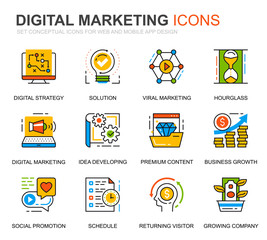 Simple Set Business and Marketing Line Icons for Website and Mobile Apps. Contains such Icons as Digital Strategy, Global Solution, Market. Conceptual color line icon. Vector pictogram pack.