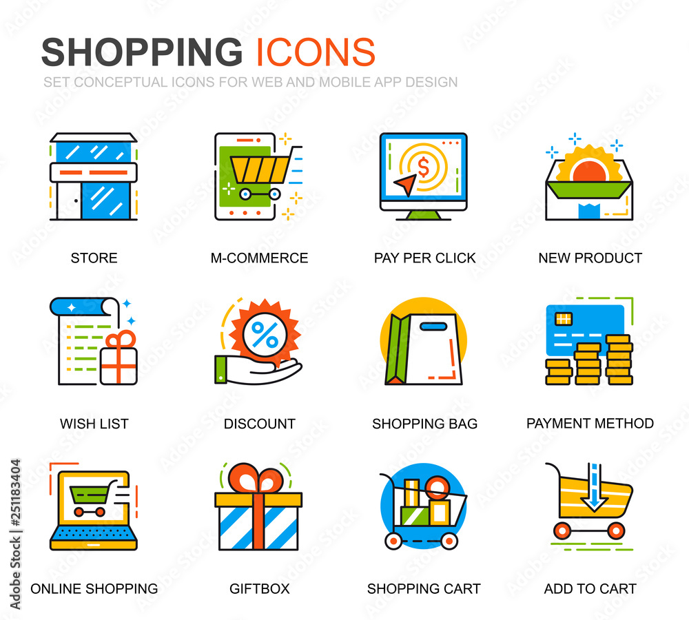 Poster simple set shopping and e-commerce line icons for website and mobile apps. contains such icons as de