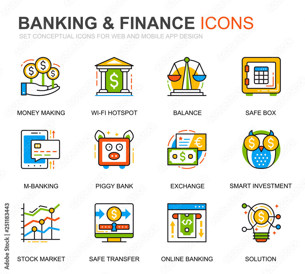 Fototapete simple set banking and finance line icons for website and mobile apps. contains such icons as balanc