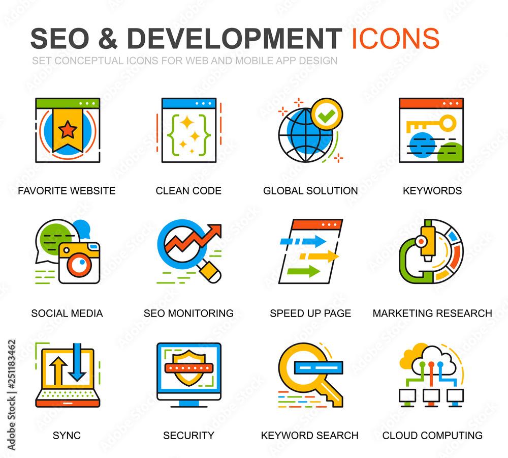 Poster simple set seo and development line icons for website and mobile apps. contains such icons as clean 
