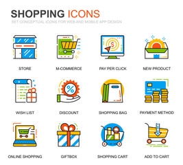 Simple Set Shopping and E-Commerce Line Icons for Website and Mobile Apps. Contains such Icons as Delivery, Payment Method, Store, Commerce. Conceptual color line icon. Vector pictogram pack.