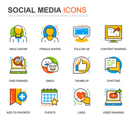 Simple Set Social Media and Network Line Icons for Website and Mobile Apps. Contains such Icons as Avatar, Emoji, Chating, Likes. Conceptual color line icon. Vector pictogram pack.