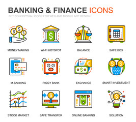 Simple Set Banking and Finance Line Icons for Website and Mobile Apps. Contains such Icons as Balance, E-Banking, Auction, Financial Growth. Conceptual color line icon. Vector pictogram pack.